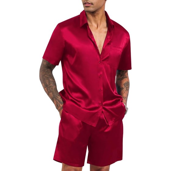 LecGee Men's Satin 2-Piece Collarless Shirt and Short-Sleeved Buttoned Sportswear Luxury Set for Ballroom, Club Party